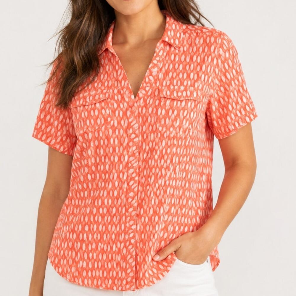 Bit & Bridle Coral Shirt L Cotton Button Front Short Sleeve Pockets Women Top